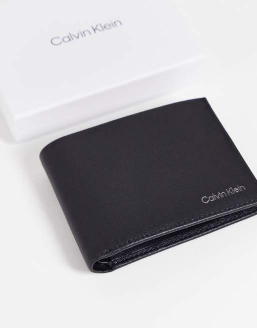 Calvin Klein Smooth Plaque Black Leather Bifold Wallet With Coin
