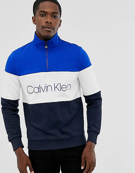 Calvin Klein color block half zip sweatshirt in blue | ASOS