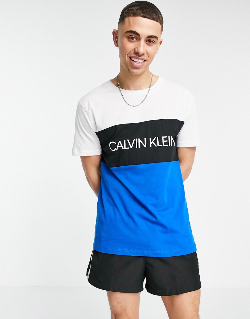 Calvin Klein color block relaxed fit swim t-shirt in white and blue-Multi