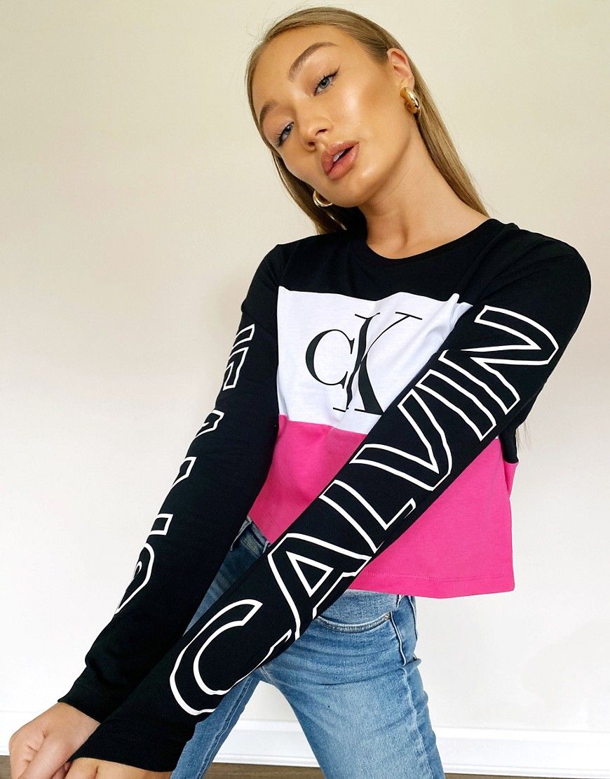 Calvin Klein colourblock logo sleeve top in multi-Red