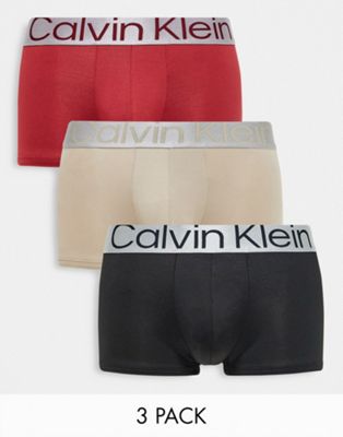 Calvin Klein 3-pack low rise trunks in black grey and red with contrast waistband - ASOS Price Checker
