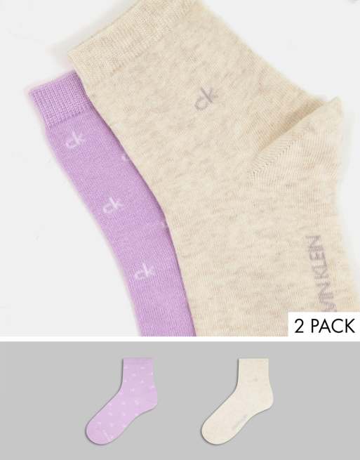 Calvin Klein - Confezione da due paia di calzini corti, colore lilla e beige