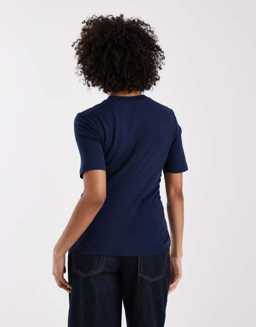 Calvin Klein contrast logo t-shirt with cinched waist in navy, 3 of 4