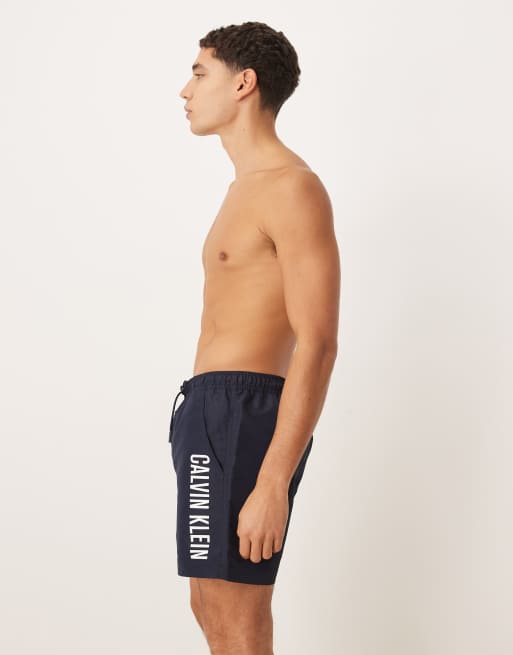 Calvin Klein contrast side script swim trunks in dark navy, 3 of 5