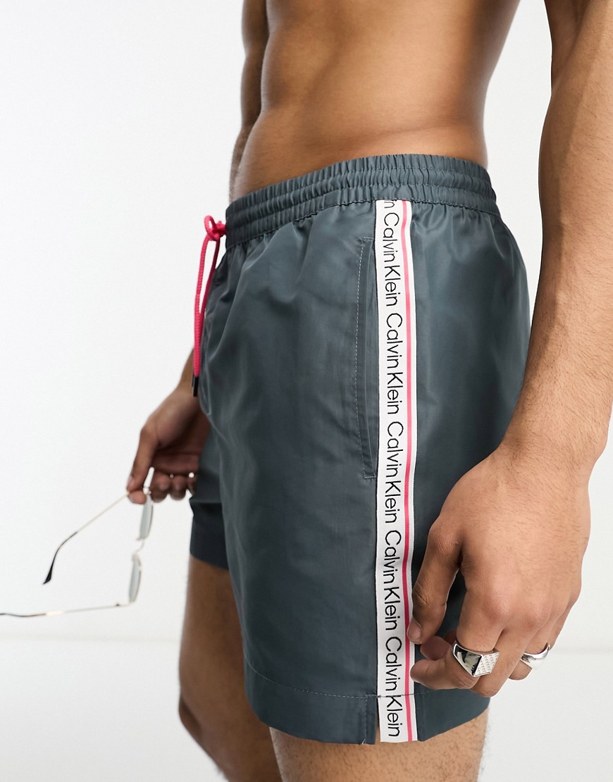 Calvin Klein Core Logo Tape Short Drawstring Swim Shorts In Oil Grey