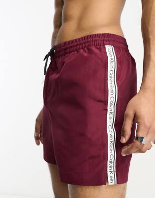 Calvin Klein core logo tape short drawstring swim shorts in wine-Red