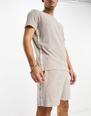 Calvin Klein core logo tape crew neck towelling t-shirt co-ord in french taupe - ASOS Price Checker