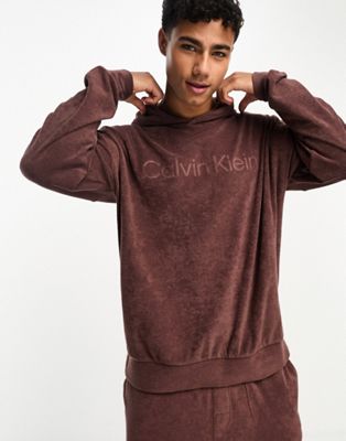 Calvin Klein cosy lounge towelling hoodie in deep mahogany