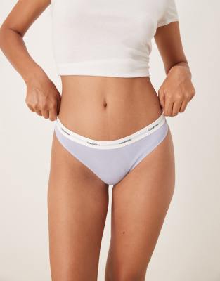 Calvin Klein Cotton Blend Stretch Ribbed Thong In Blue