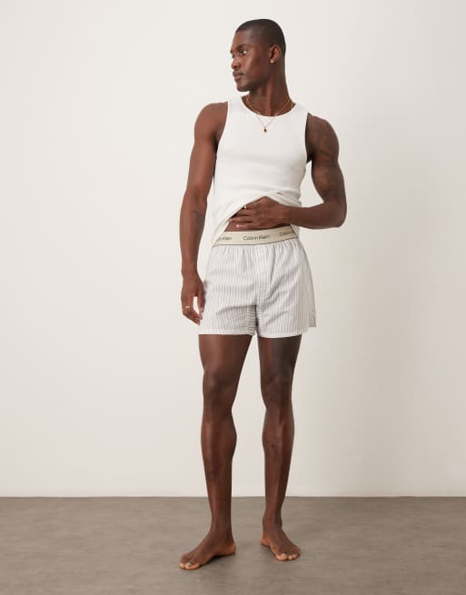 Calvin Klein cotton boxer pyjama shorts in white and light blue