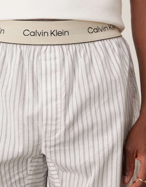 Calvin Klein cotton boxer pyjama shorts in white and light blue stripe, 4 of 4