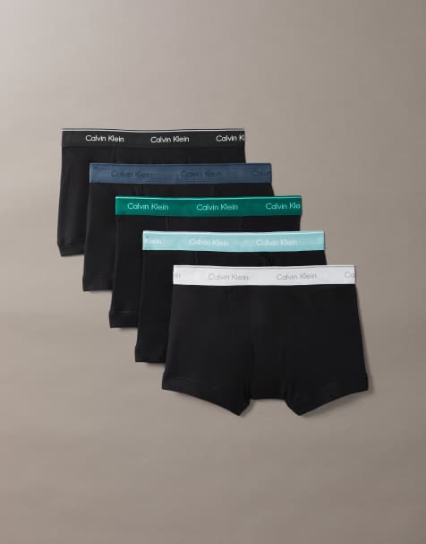 Calvin Klein Cotton Classics 5 pack trunks in black with blue/green/grey waistbands - view 1
