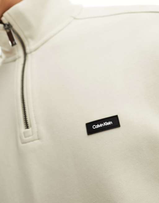 Calvin Klein cotton comfort 1/4 zip sweatshirt in off white, 3 of 4