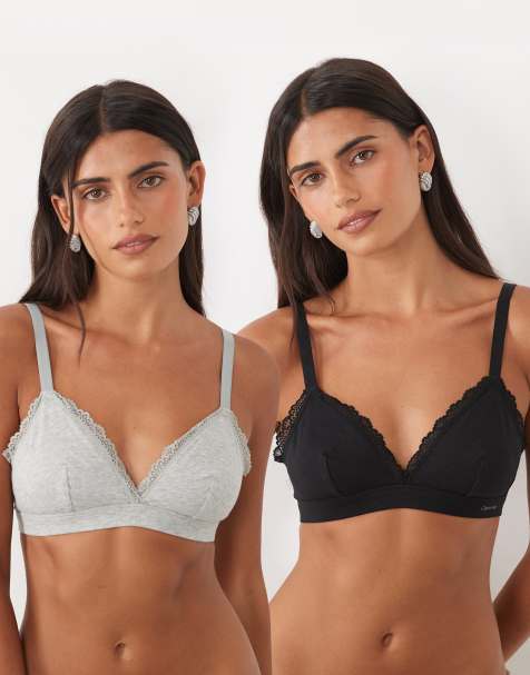 Calvin Klein cotton lace detail triangle bra 2pk in grey/black - view 1
