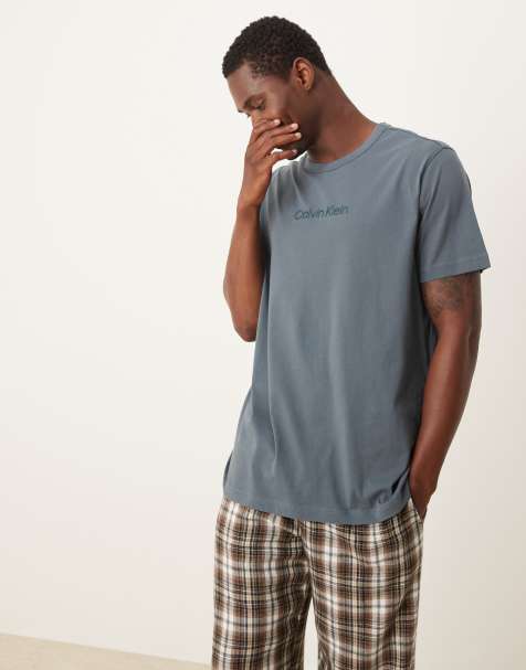 Calvin Klein cotton lounge tee in blue with embroidered logo - view 1