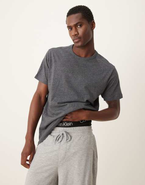 Calvin Klein Cotton lounge tee in dark grey with embroidered logo - view 1