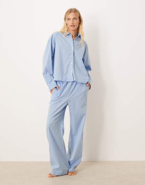 Calvin Klein cotton poplin pajama set in blue stripe - view 1