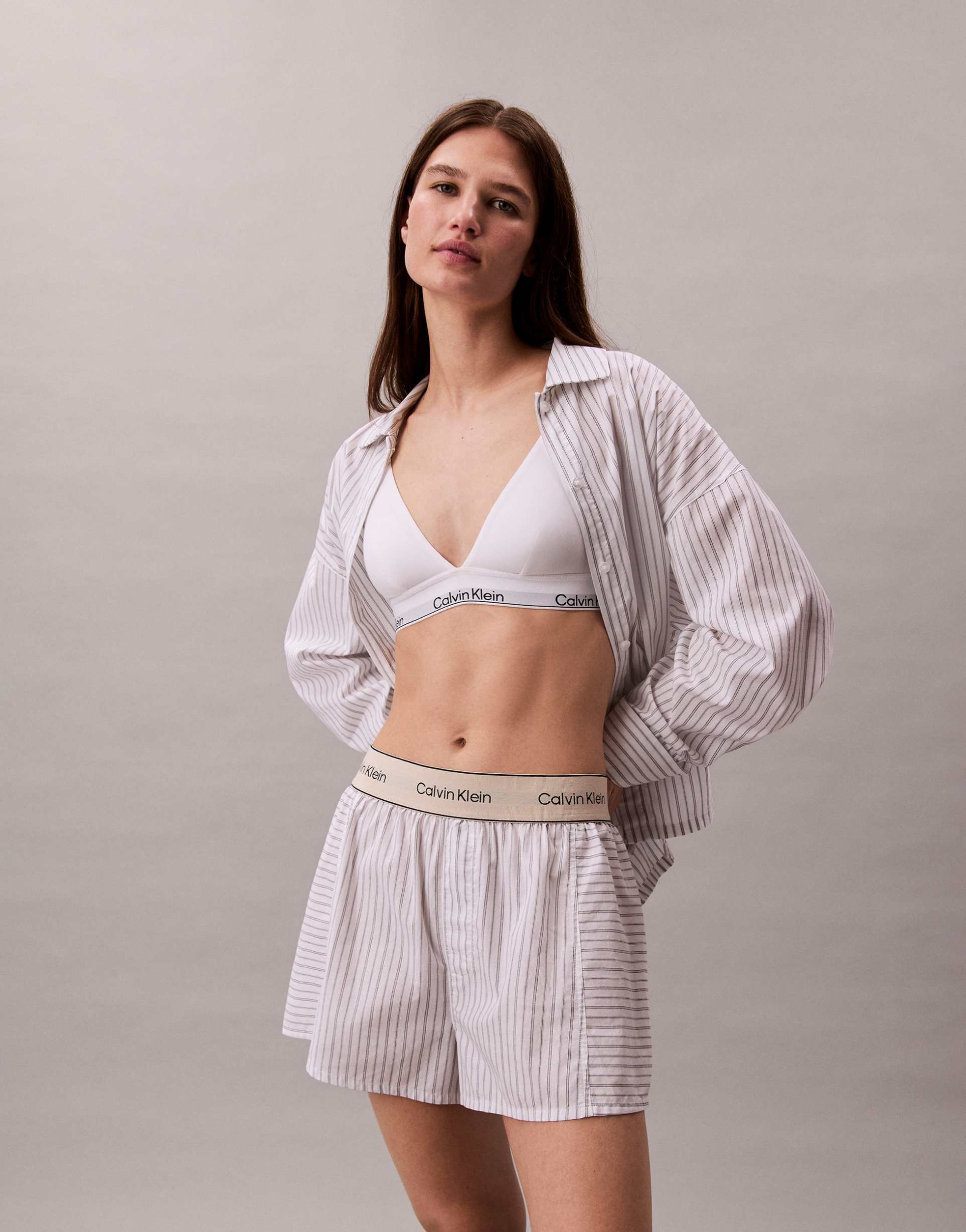calvin klein cotton poplin pajama shorts in white and gray stripe