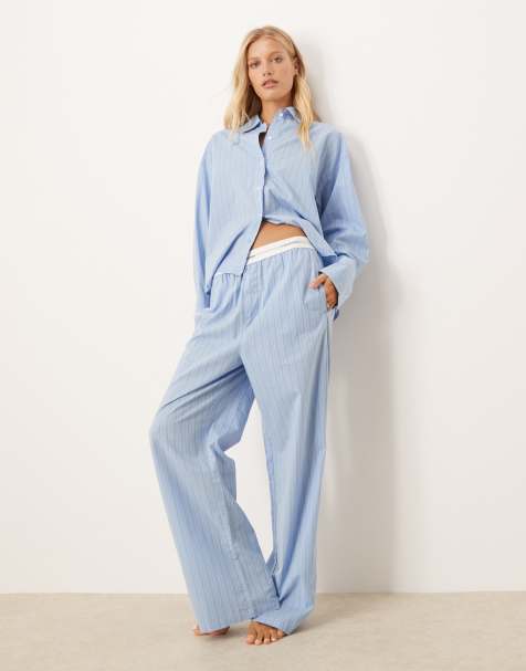 Calvin Klein cotton poplin pyjama bottoms in blue stripe - view 1