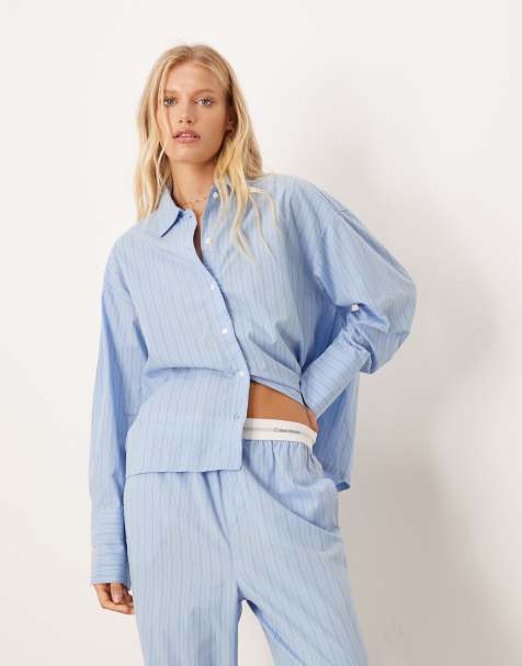 Calvin Klein cotton poplin pyjama shirt in blue stripe - view 1