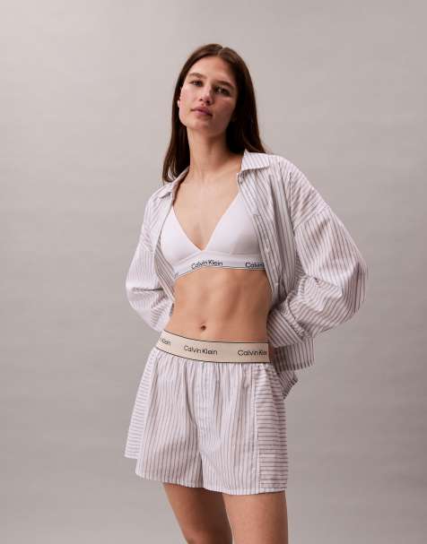 Calvin Klein cotton poplin pyjama shorts in white and grey stripe - view 1