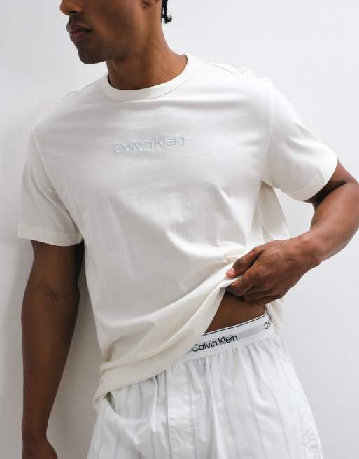 Calvin Klein cotton poplin t-shirt and stripe short set in off-white, 2 of 4
