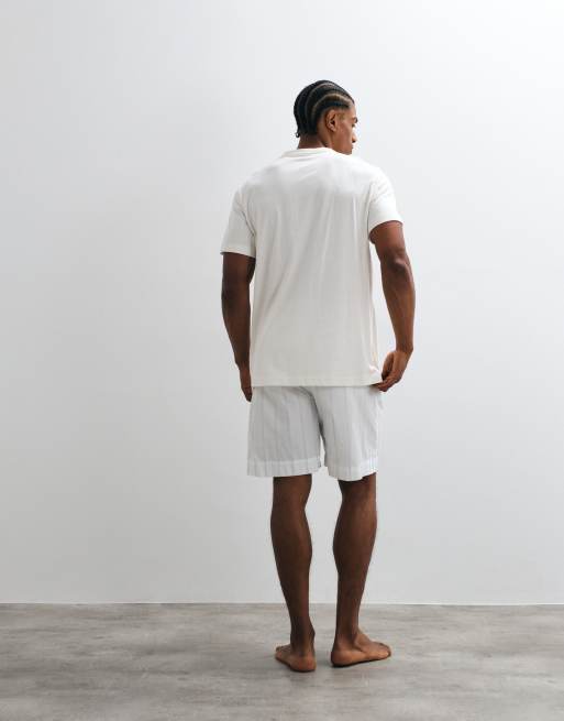 Calvin Klein cotton poplin t-shirt and stripe short set in off-white, 3 of 4