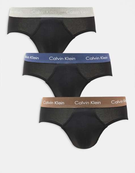 Calvin Klein Cotton Stretch 3 pack hip briefs with coloured waistband in black - view 1