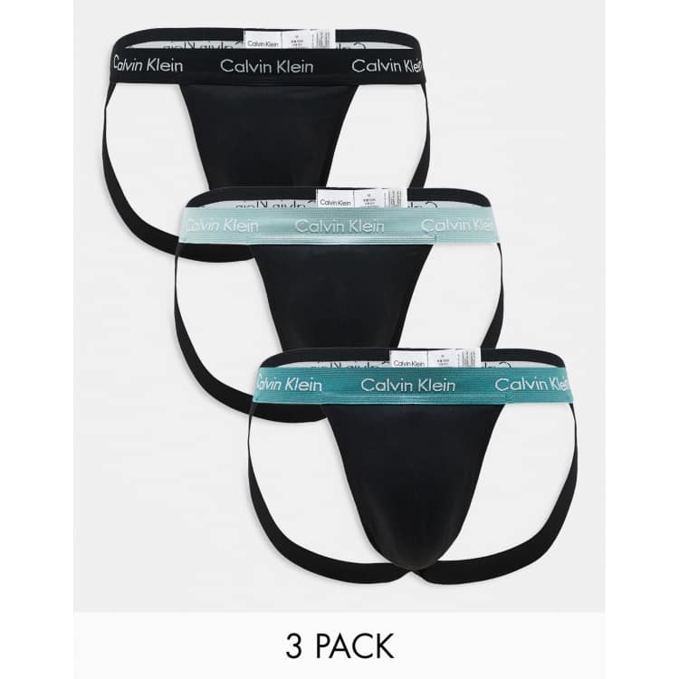 Calvin Klein Cotton Stretch 3 pack jock strap with coloured waistband in black ASOS