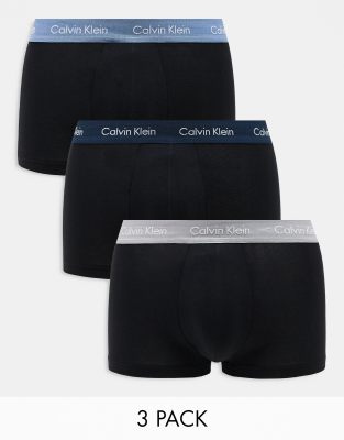 Calvin Klein Cotton Stretch 3 pack low rise trunk with coloured waistband in black