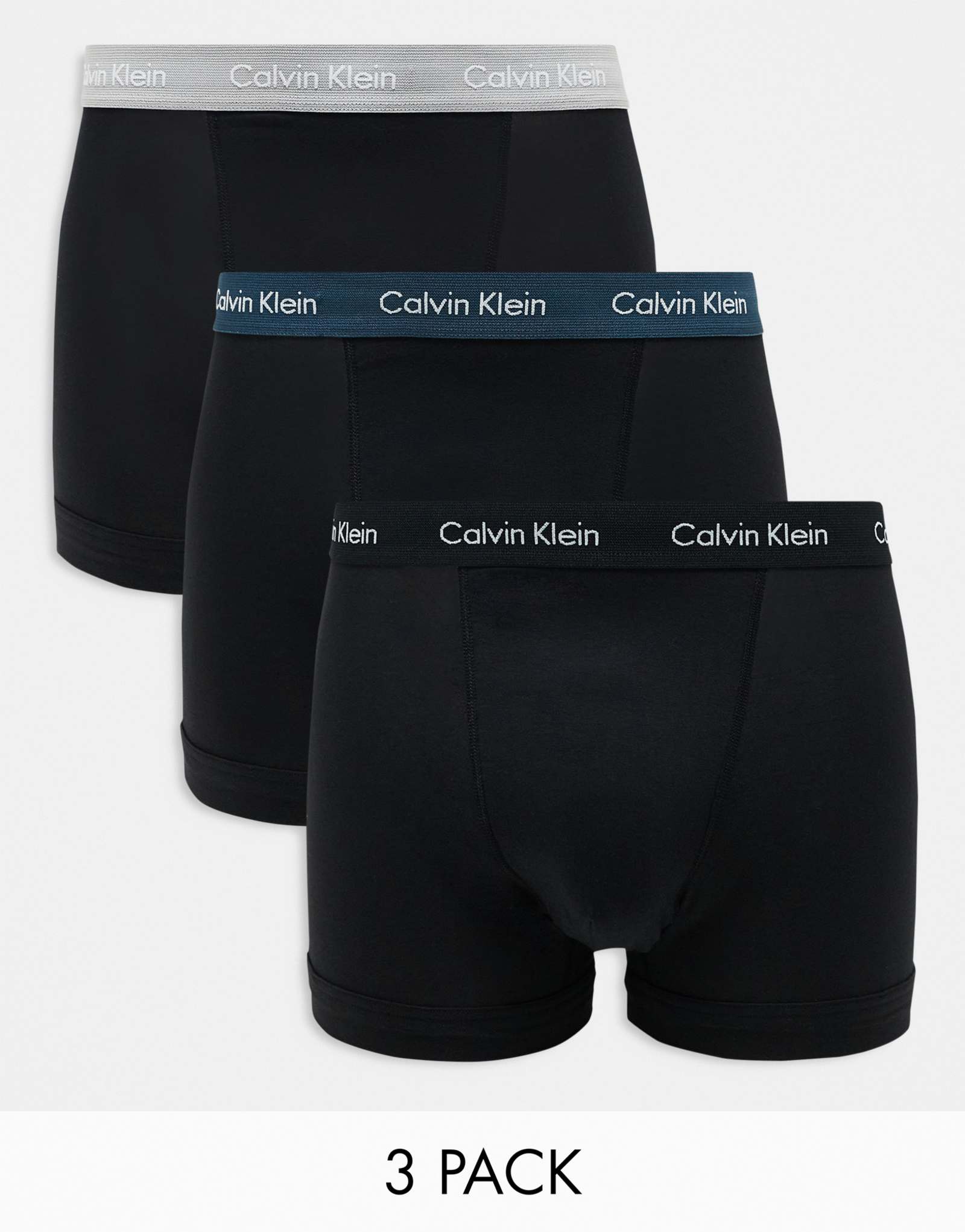 Хлопковый эластичный кофр Calvin Klein из 3-х упаковок черного цвета с серыми/бирюзовыми/черными поясами