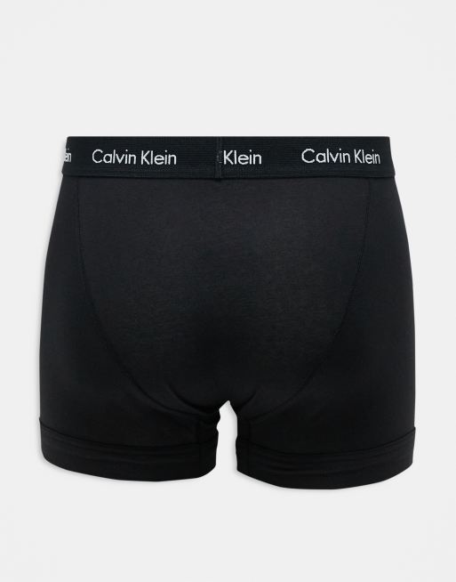 Calvin Klein Cotton Stretch 3 pack trunk in black with gray teal black waistbands ASOS