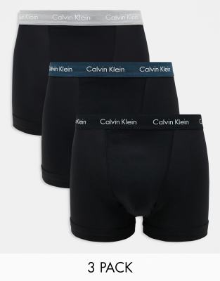 Calvin Klein Cotton Stretch 3 pack trunk in black with grey/teal/black waistbands