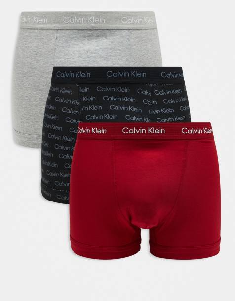 Calvin Klein Cotton Stretch 3 pack trunk in grey/red/logo print - view 1