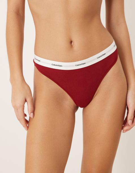 Calvin Klein – Cotton Stretch – Ciemnoczerwone prążkowane stringi z bawełny ze stretchem - view 1