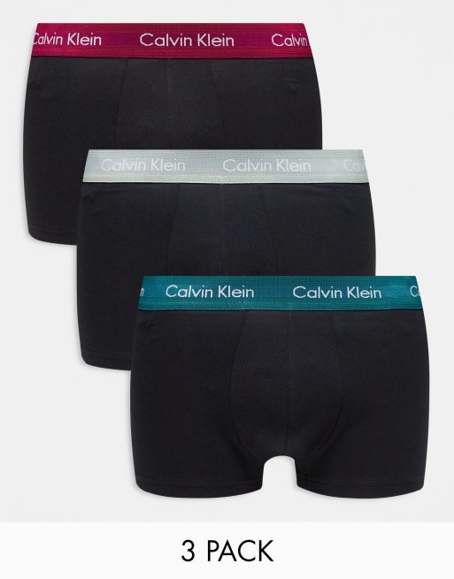 Calvin Klein - Cotton Stretch - Confezione da 3 boxer aderenti a vita bassa neri con fascia in vita colorata