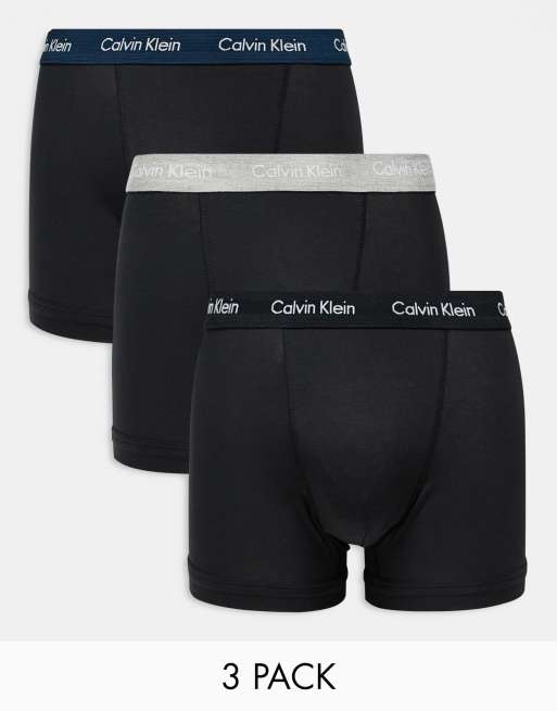 Calvin Klein - Cotton Stretch - Confezione da 3 paia di boxer in cotone elasticizzato color nero con fascia in vita blu navy/grigia/nera