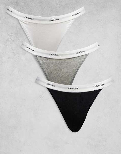 Calvin Klein Cotton Stretch Rib 3 pack string bikini briefs in black/white/gray - view 1