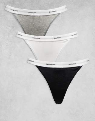 Calvin Klein Cotton Stretch Rib 3 Pack String Thongs In Multi