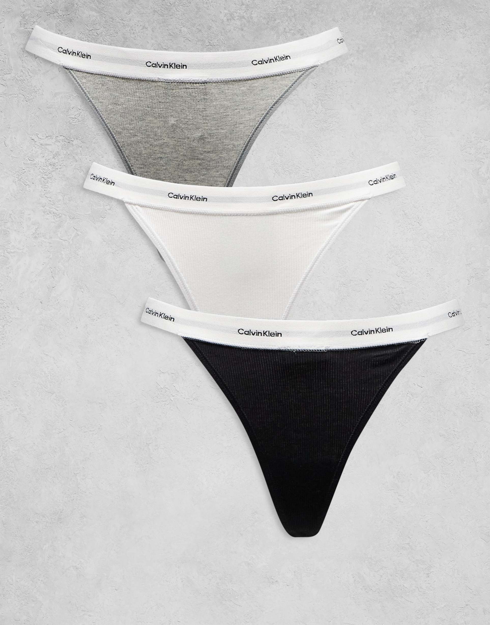 calvin klein cotton stretch rib 3 pack string thongs in black/white/gray