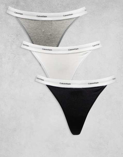Calvin Klein Cotton Stretch Rib 3 pack string thongs in black/white/grey - view 1