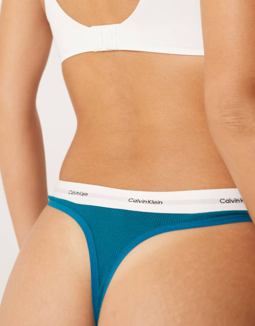 Calvin Klein cotton stretch rib lingerie thong in teal, 3 of 4
