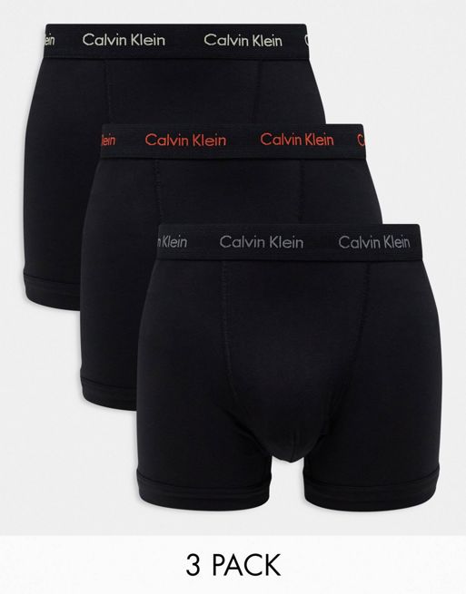 Calvin Klein cotton stretch trunks 3 pack in black with coloured logo