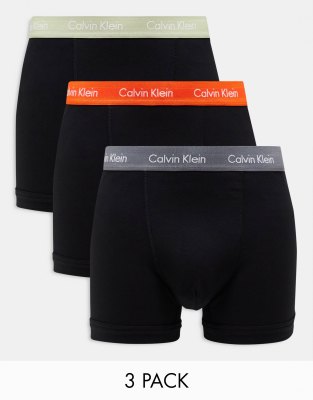 Calvin Klein cotton stretch trunks 3 pack in black with coloured waistband - view 1