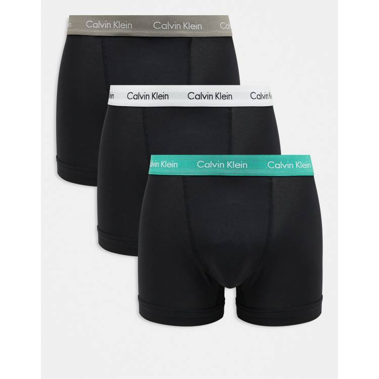 Calvin Klein cotton stretch trunks 3 pack in black with white mint beige waistband ASOS