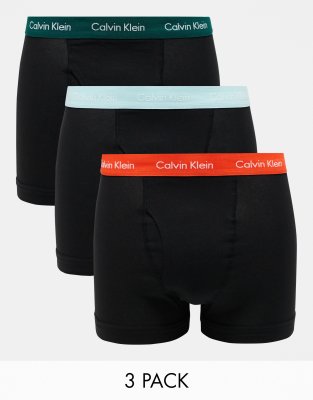 Calvin Klein cotton stretch wicking trunks 3 pack in black with coloured logo waistband