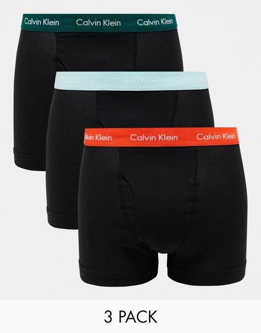  Calvin Klein cotton stretch wicking trunks 3 pack in black with coloured logo waistband