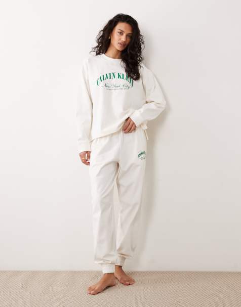 Calvin Klein - Cremefarvede joggingbukser i jersey med logo - Del af sæt - view 1