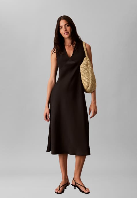 Calvin Klein Crepe satin v-neck midi dress in black - view 1