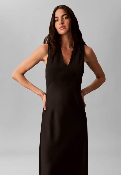 Calvin Klein Crepe satin v-neck midi dress in black, 2 of 5